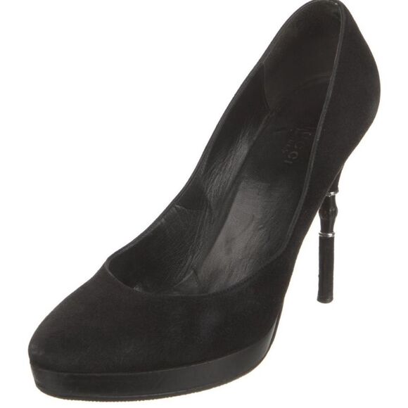 Gucci Bamboo Accent Black Suede Heels - Picture 2 of 12